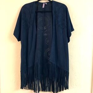 Alya Faux Suede Fringe Kimono Cardigan Small Navy Blue Boho Western Relaxed Fit